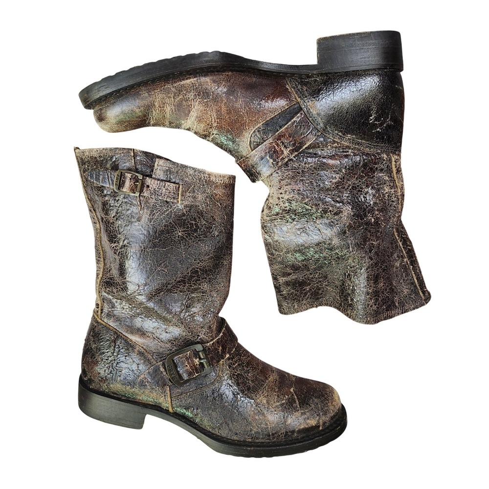 Frye Veronica short distressed brown leather Grunge moto harness boots L 8.5 - Picture 14 of 14
